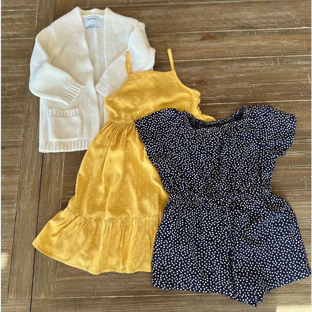 Old Navy yellow dress, navy romper, with cream sweater, all are size 3T